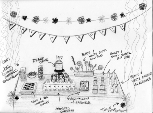 Zebra Party Table Sketch Take black and white crepe streamers and string